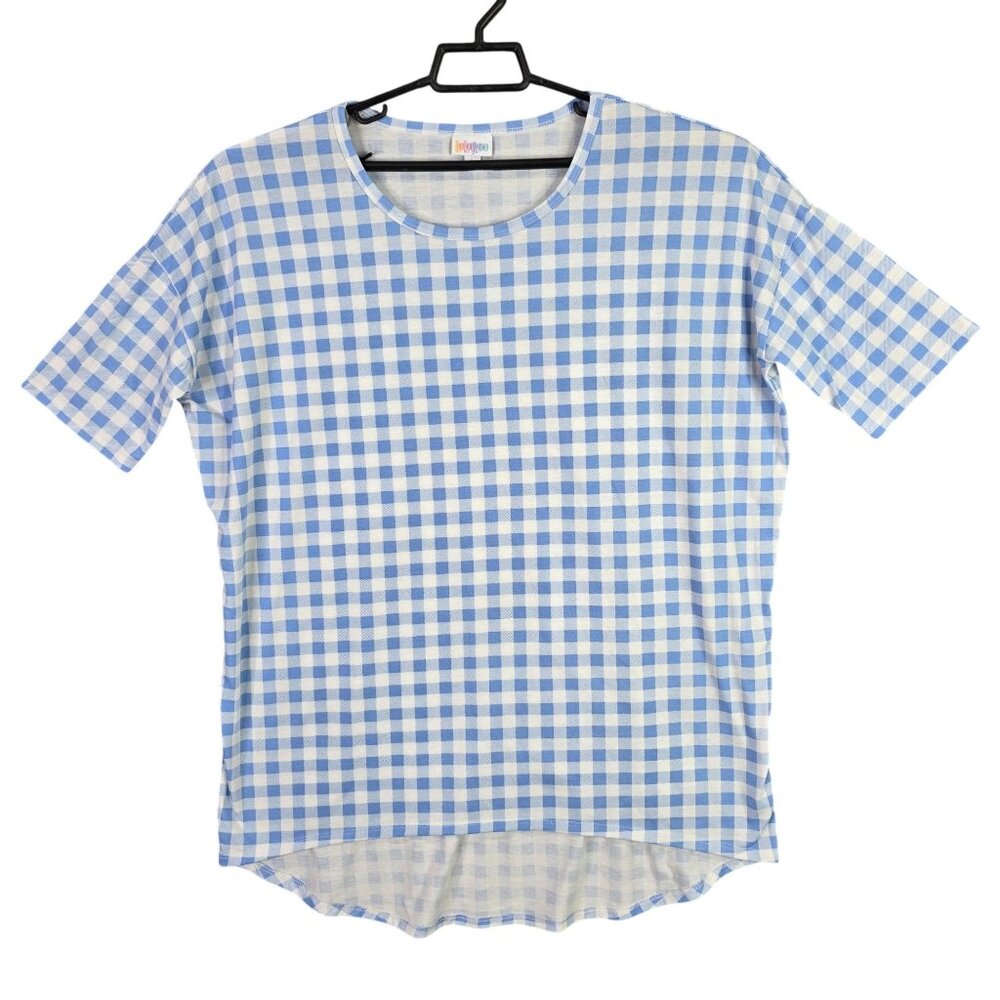 Womens LuLaRoe Blue & White Gingham Top Short Sleeve Polyester Spandex Size L